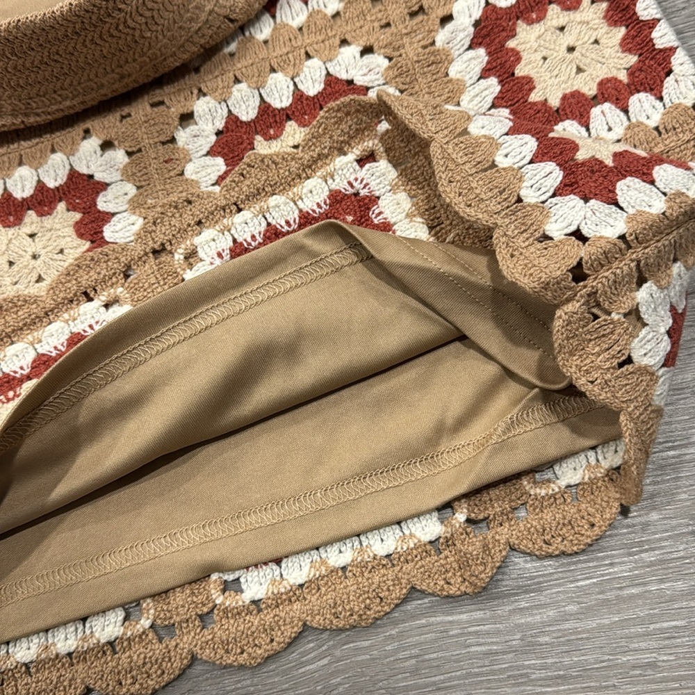 Aesthetic Instinct Beige and Red Crochet 2 Piece Mini Dress Skirt Lulu’s Small - Picture 8 of 16